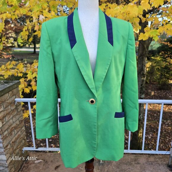 80s Wmns Green Navy Blazer Gold Button Soft Lined Wool Blend Vtg Oleg Cassini 12 - Picture 1 of 9
